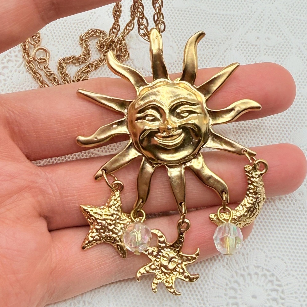 Vintage Celestial Sun Face Pendant Necklace w/ Star and Moon Charms